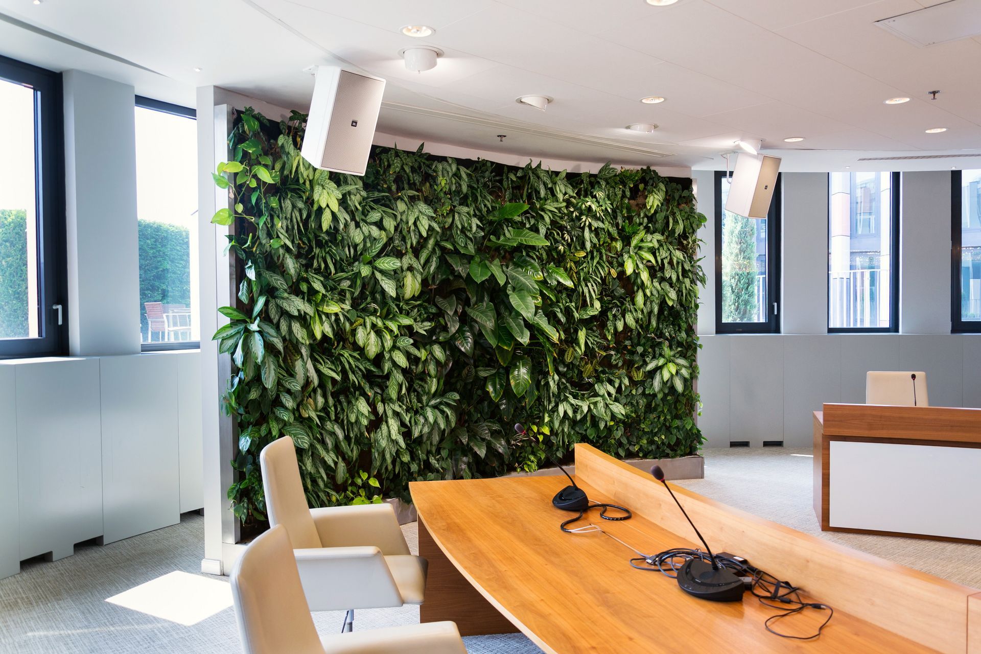 Living green wall indoors with flowers and plants in a meeting boardroom.