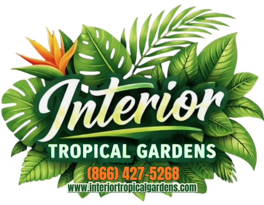 Logo for Interior Tropical Gardens with stylized white text over lush green tropical leaves, phone number, and website.