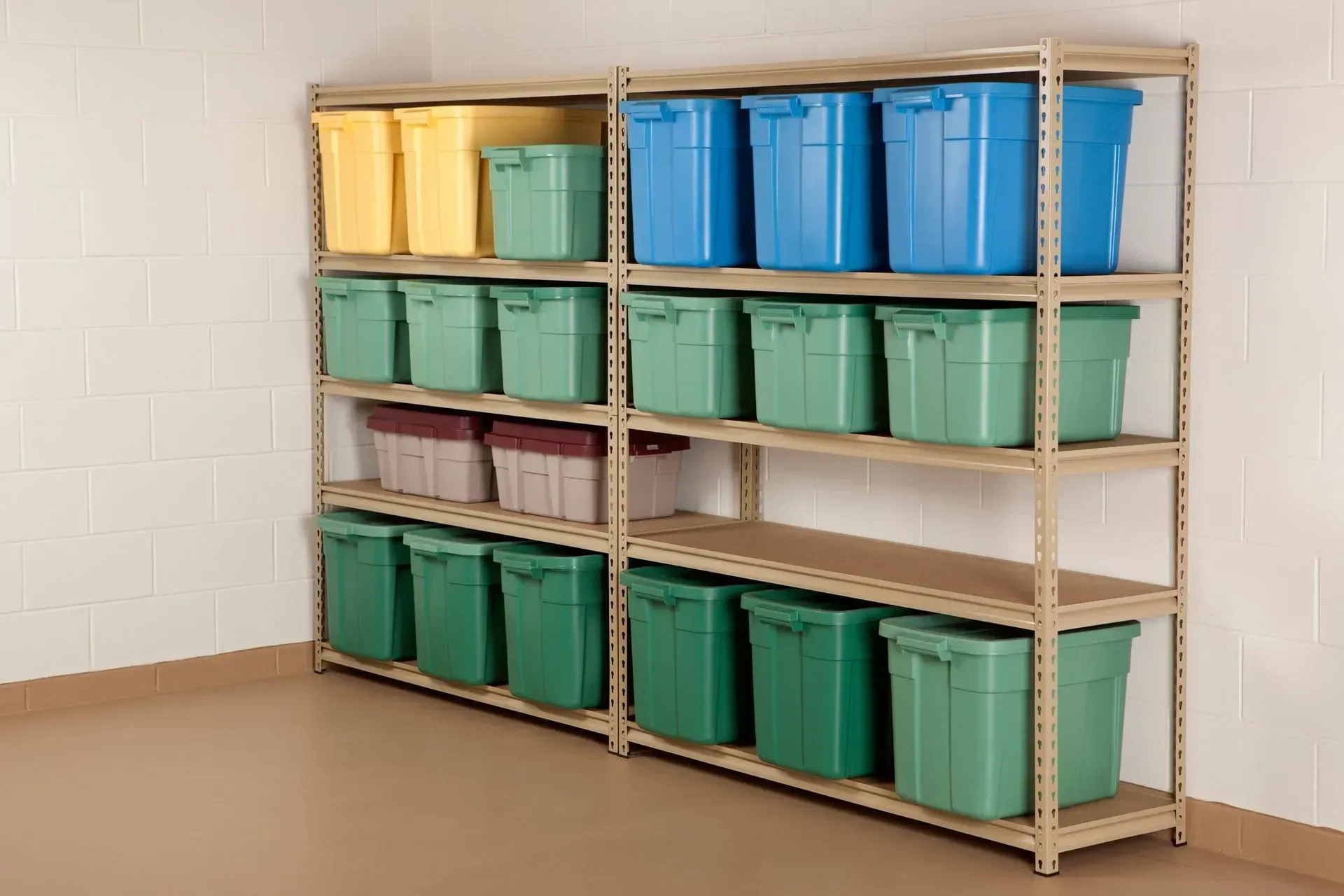 A shelf filled with lots of different colored plastic bins