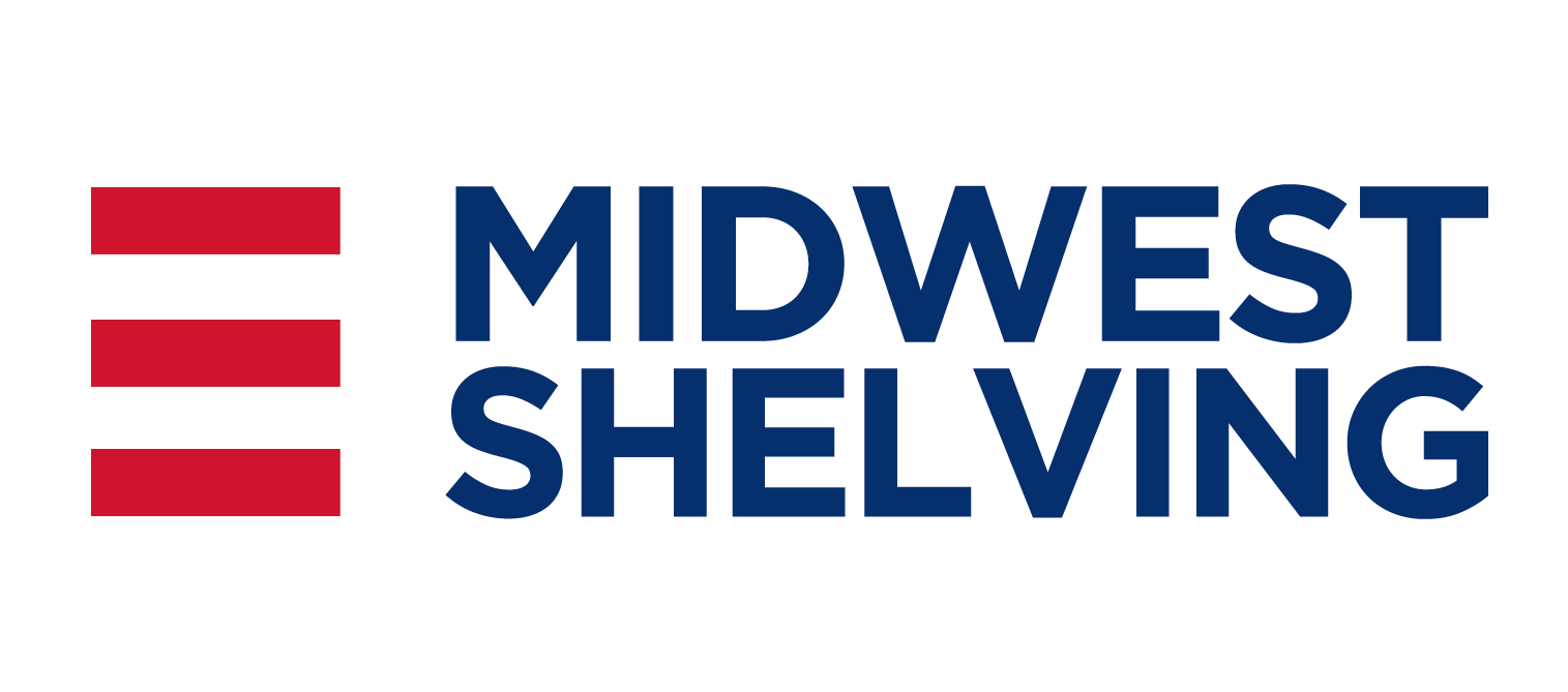 The logo for Midwest Shelving is red , white and blue.