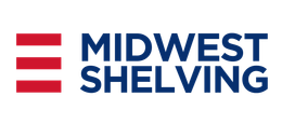 The logo for Midwest Shelving is red , white and blue.