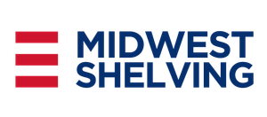 The logo for Midwest Shelving is red , white and blue.