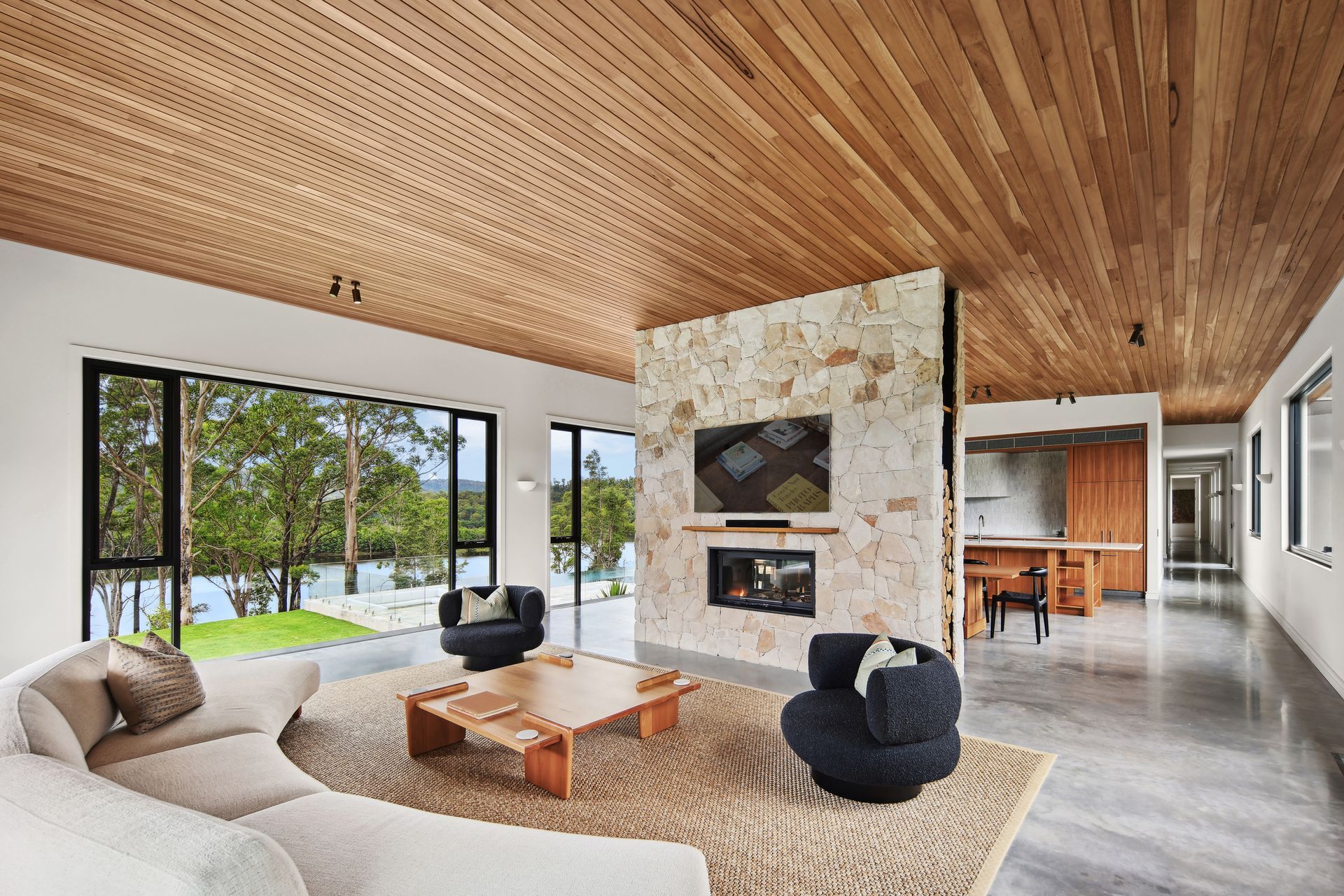 A Living Room With A Wooden Ceiling And A Fireplace — That Painter Guy In Kangaroo Valley, NSW