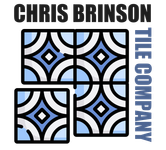 A logo for chris brinson tile company with a blue and white tile pattern.