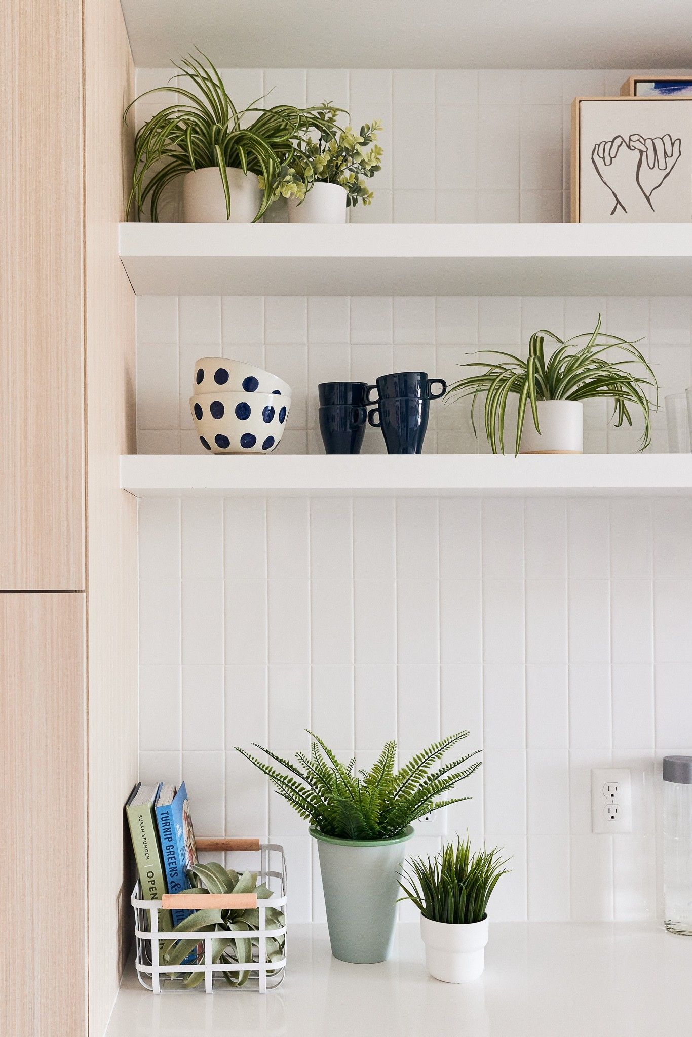Kitchen scene with white tile wall, floating shelves, and potted plants along with mugs and bowls.