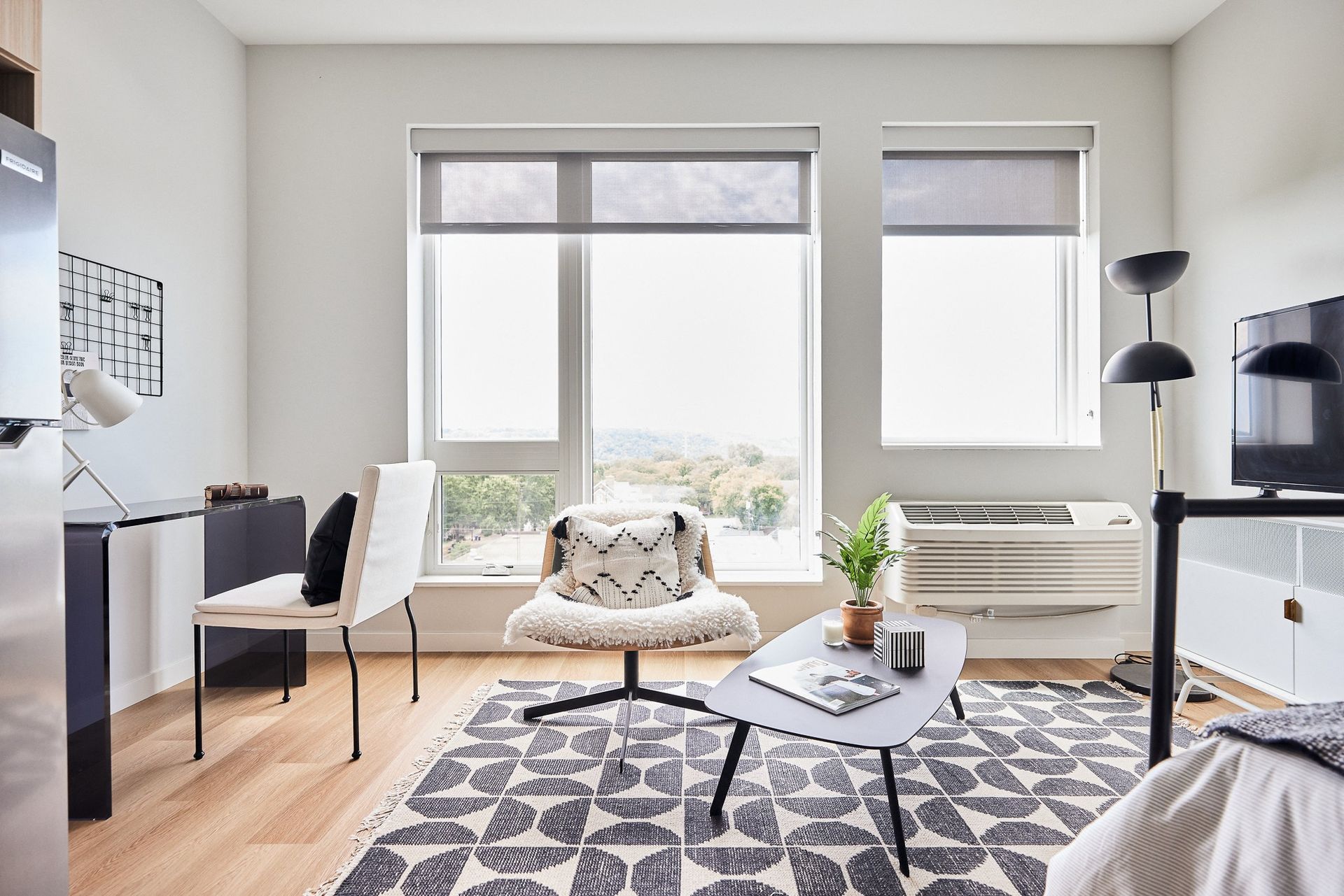 Modern apartment living space with a desk, chair, rug, plant, and large windows.