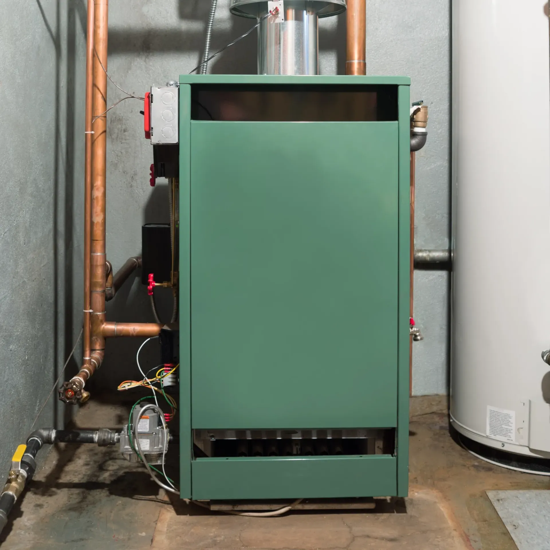 Kingdom Air LLC - A green boiler is sitting next to a white water heater