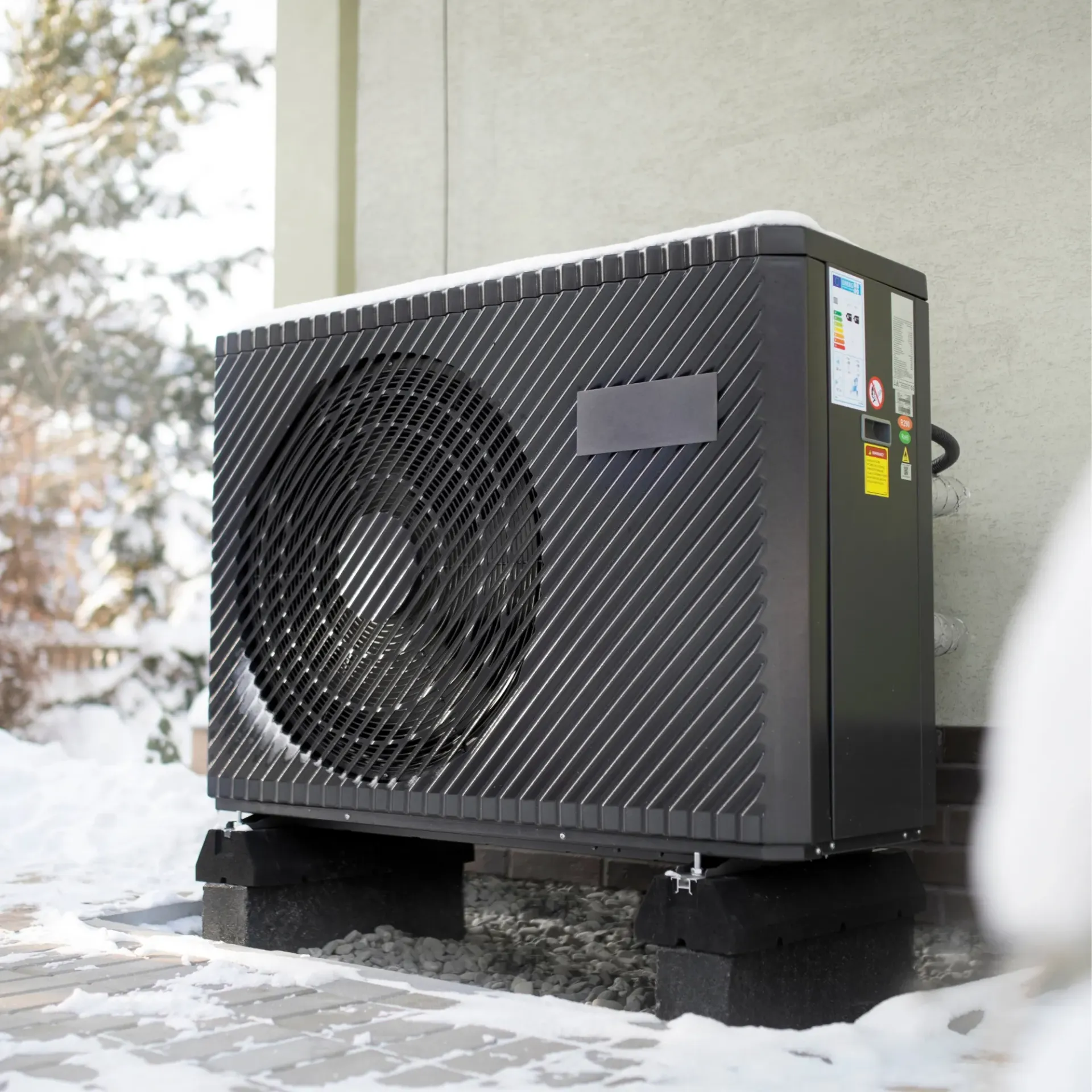 Kingdom Air LLC - A black air conditioner is sitting in the snow outside of a building.