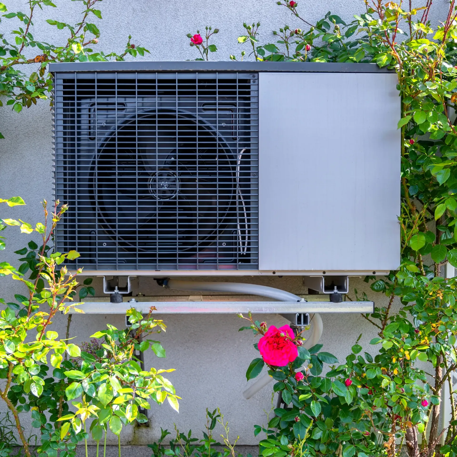 Kingdom Air LLC - A wall mounted air conditioner is surrounded by plants and flowers.