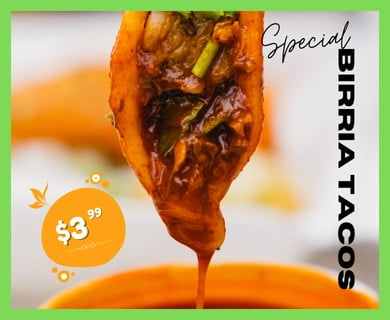 Birria taco dripping with consommé, $3.99 special.