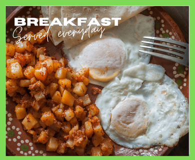 Breakfast plate: fried eggs, potatoes, tortillas, brown and orange.