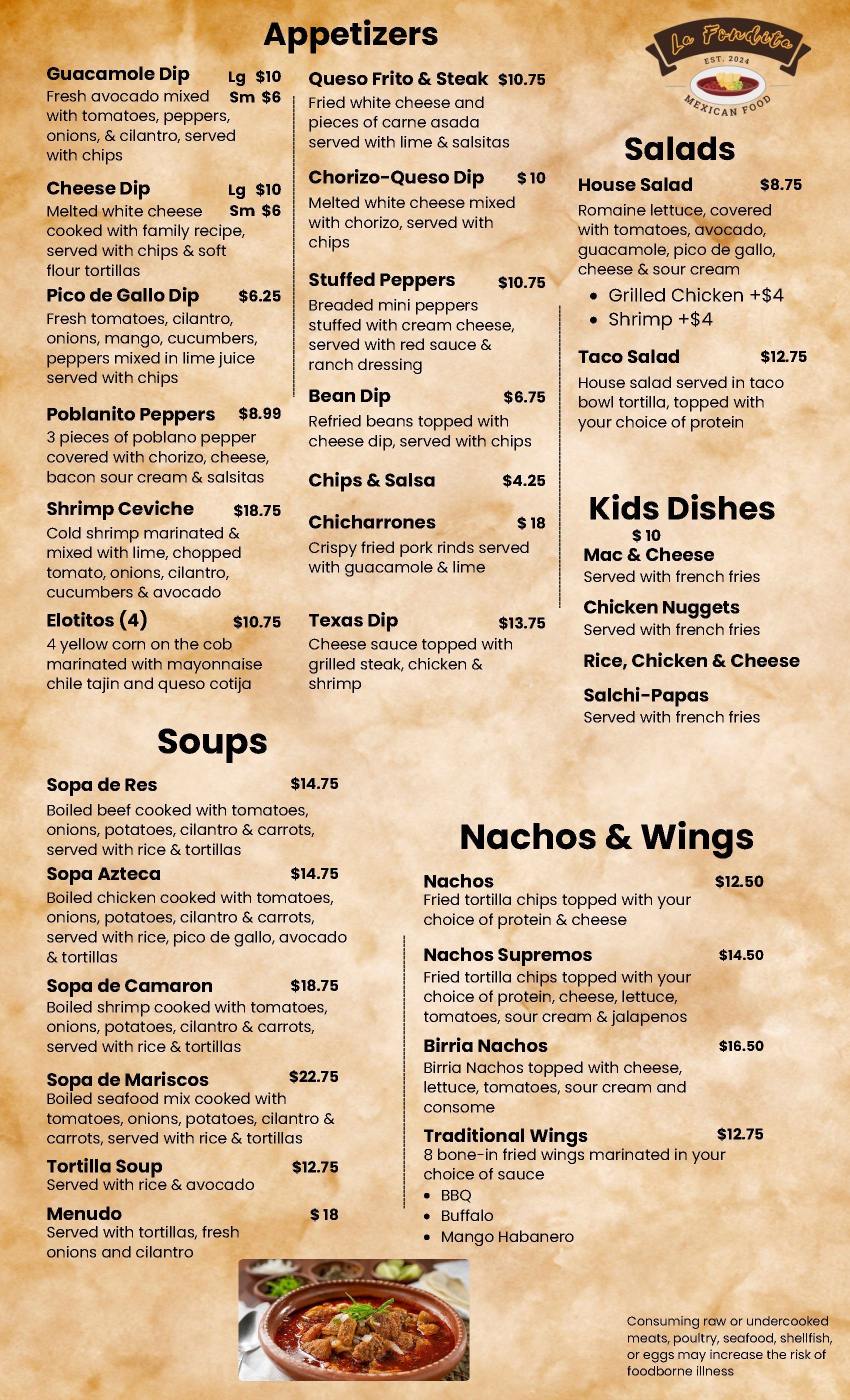 Restaurant menu with traditional dishes and seafood.