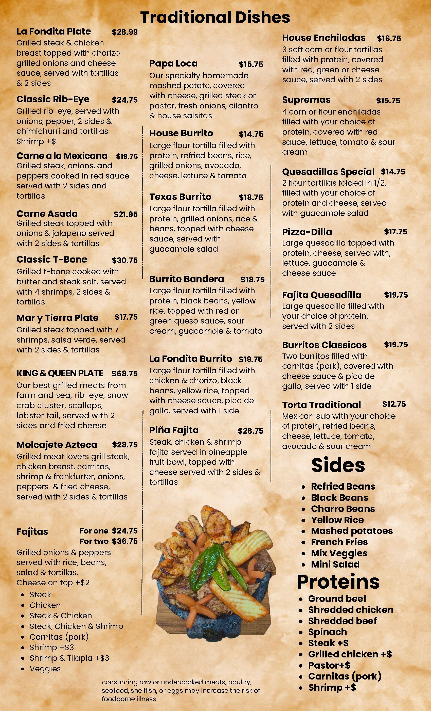 Menu with food items and prices, with a dish of food at the top and desert-colored background.