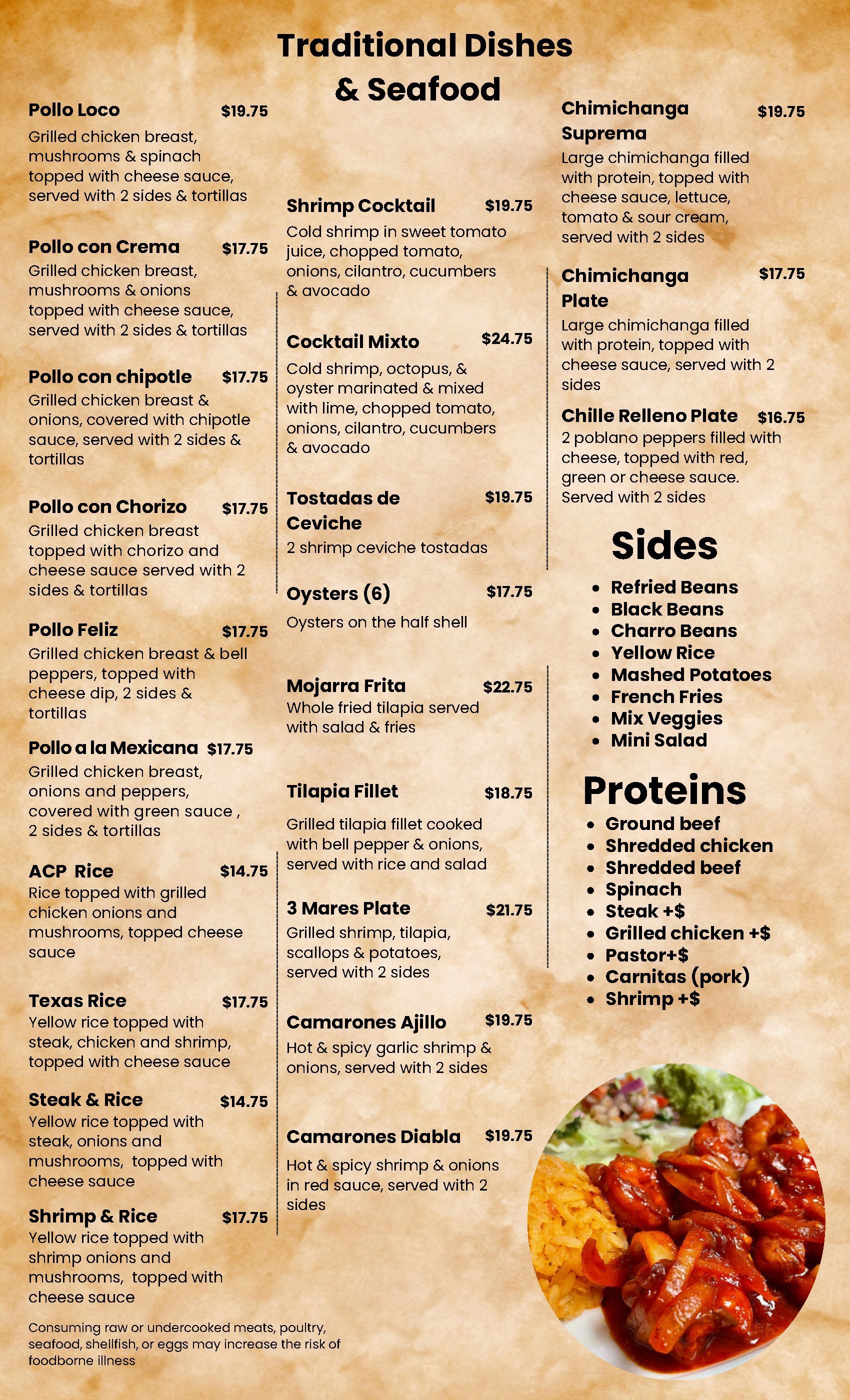 Menu with tacos, other entrees, and desserts.
