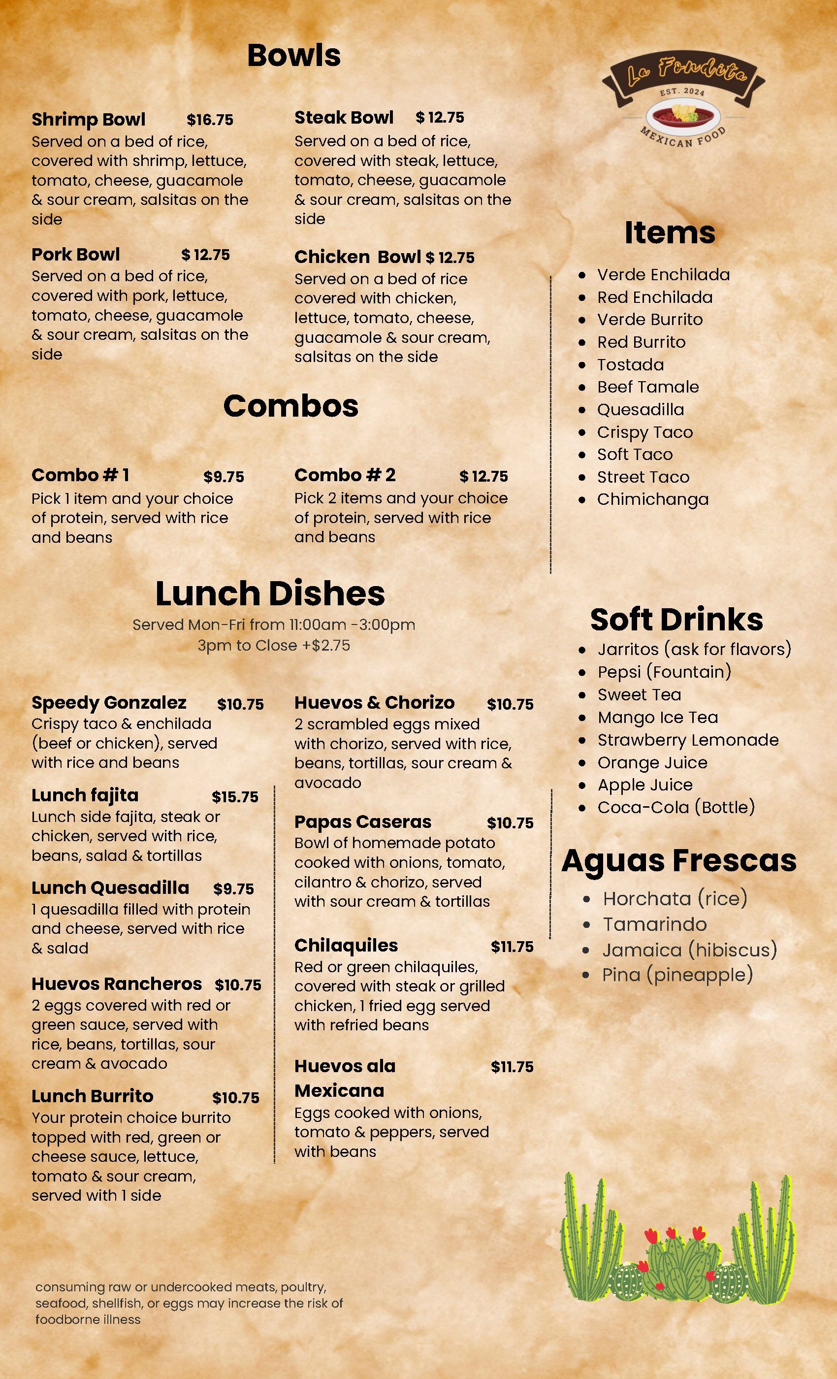 Menu with food items and prices, with a dish of food at the top and desert-colored background.