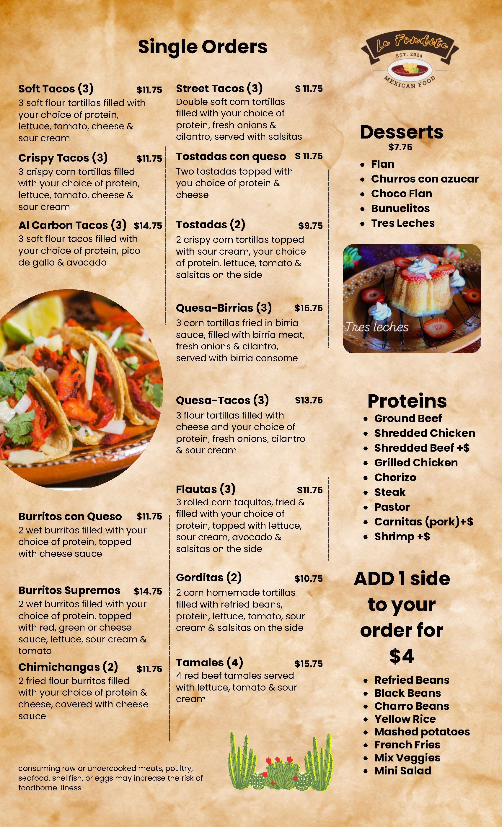 Menu with tacos, other entrees, and desserts.