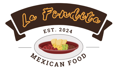 Logo for La Fondita Mexican Food, featuring a brown banner with text, an oval with food, and