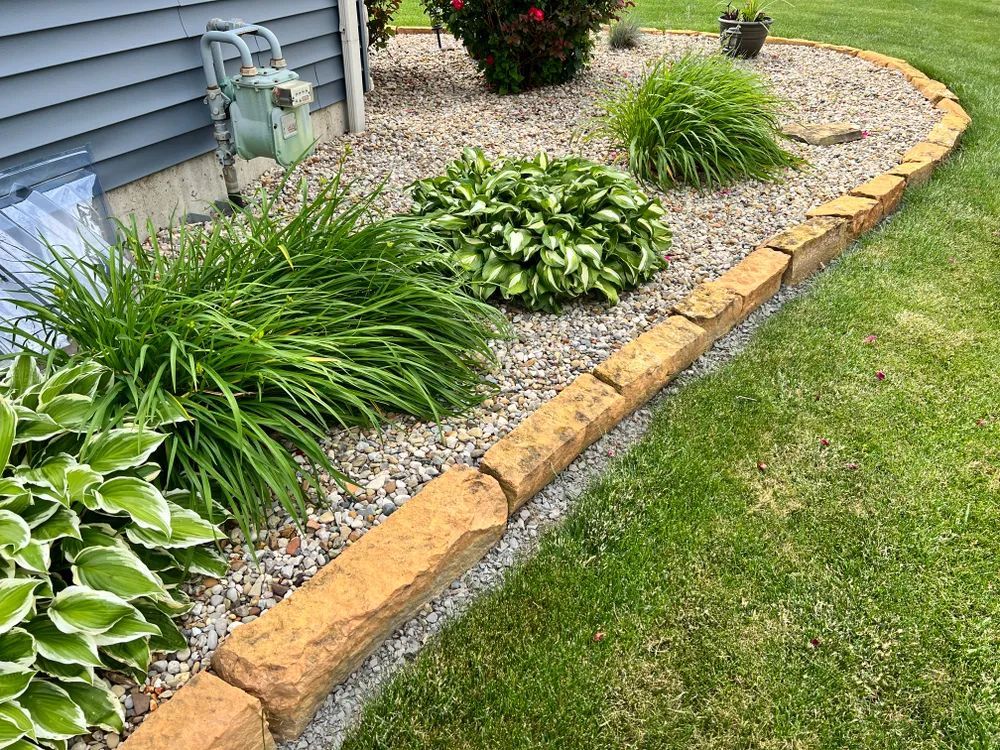 A garden with a stone border and plants in front of a house.