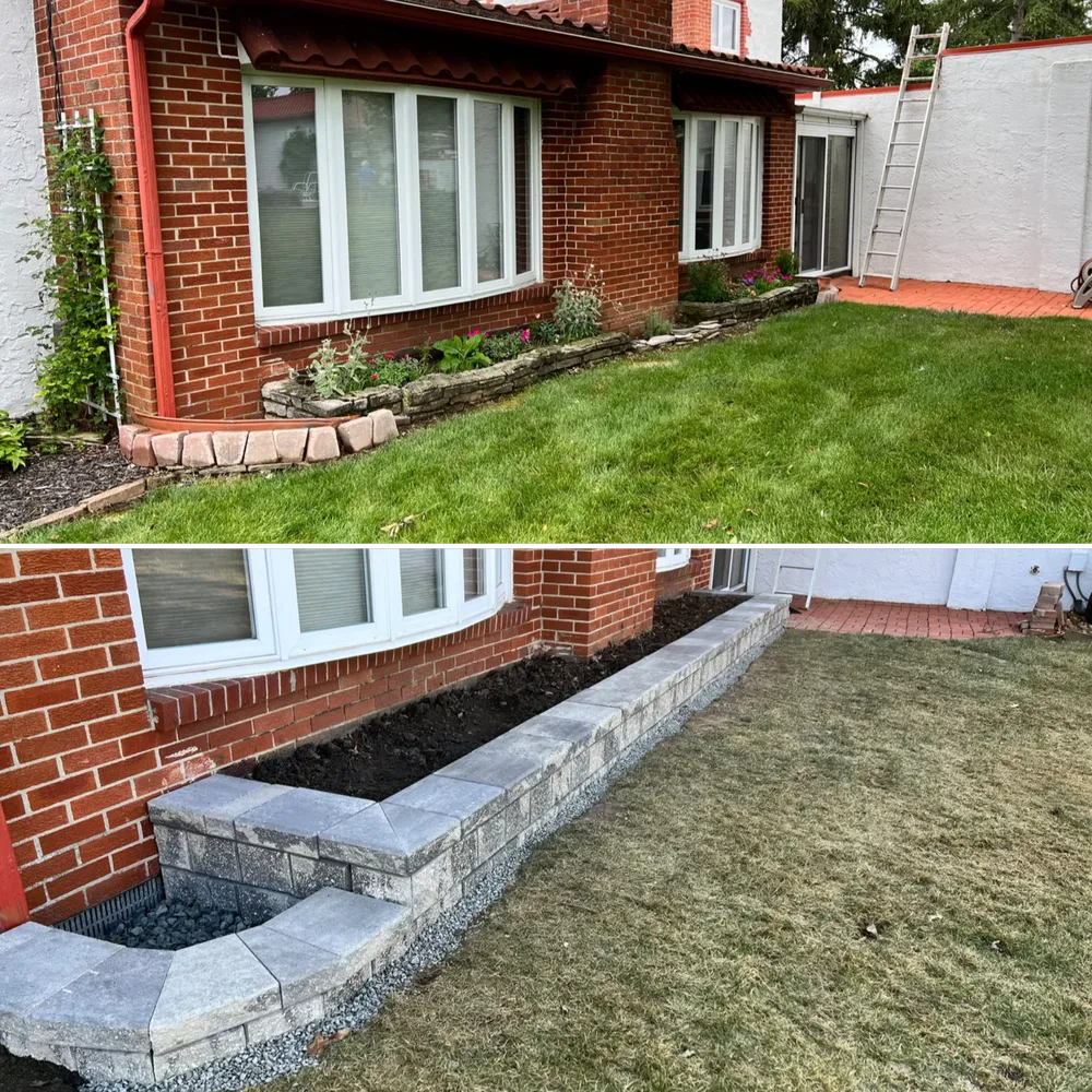 A before and after picture of a brick house with a lush green lawn.