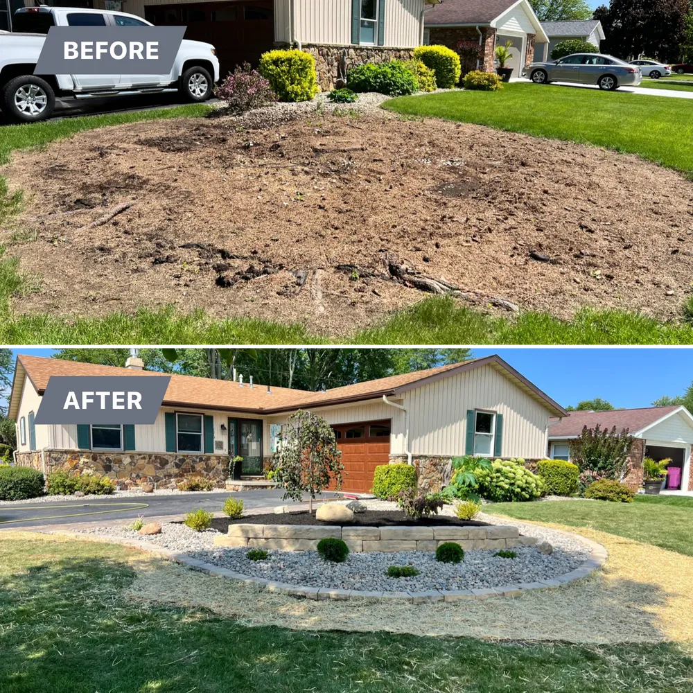 A before and after picture of a house with a truck parked in front of it.