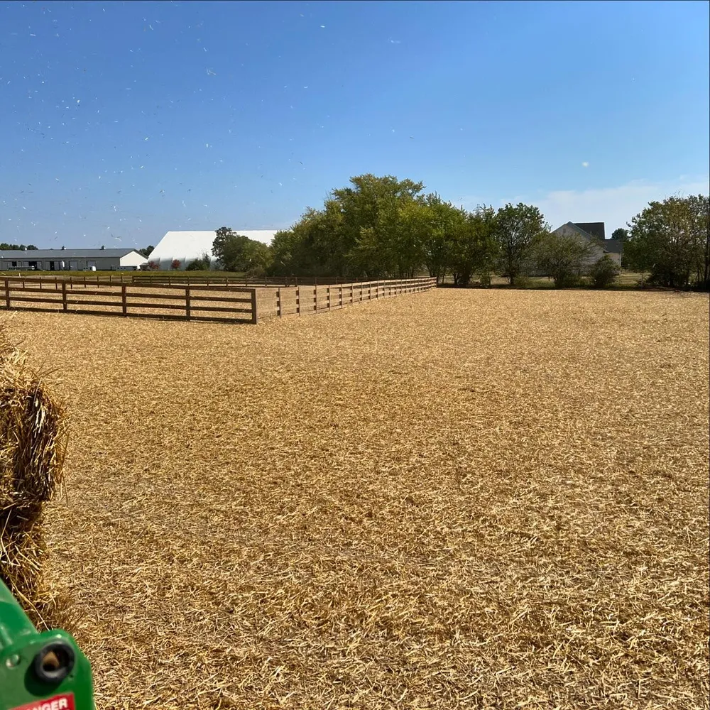 A field of hay with a fence in the background