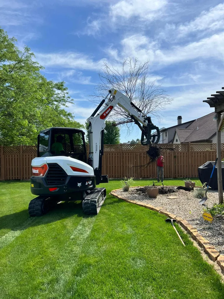A small excavator is sitting on top of a lush green lawn in a backyard.