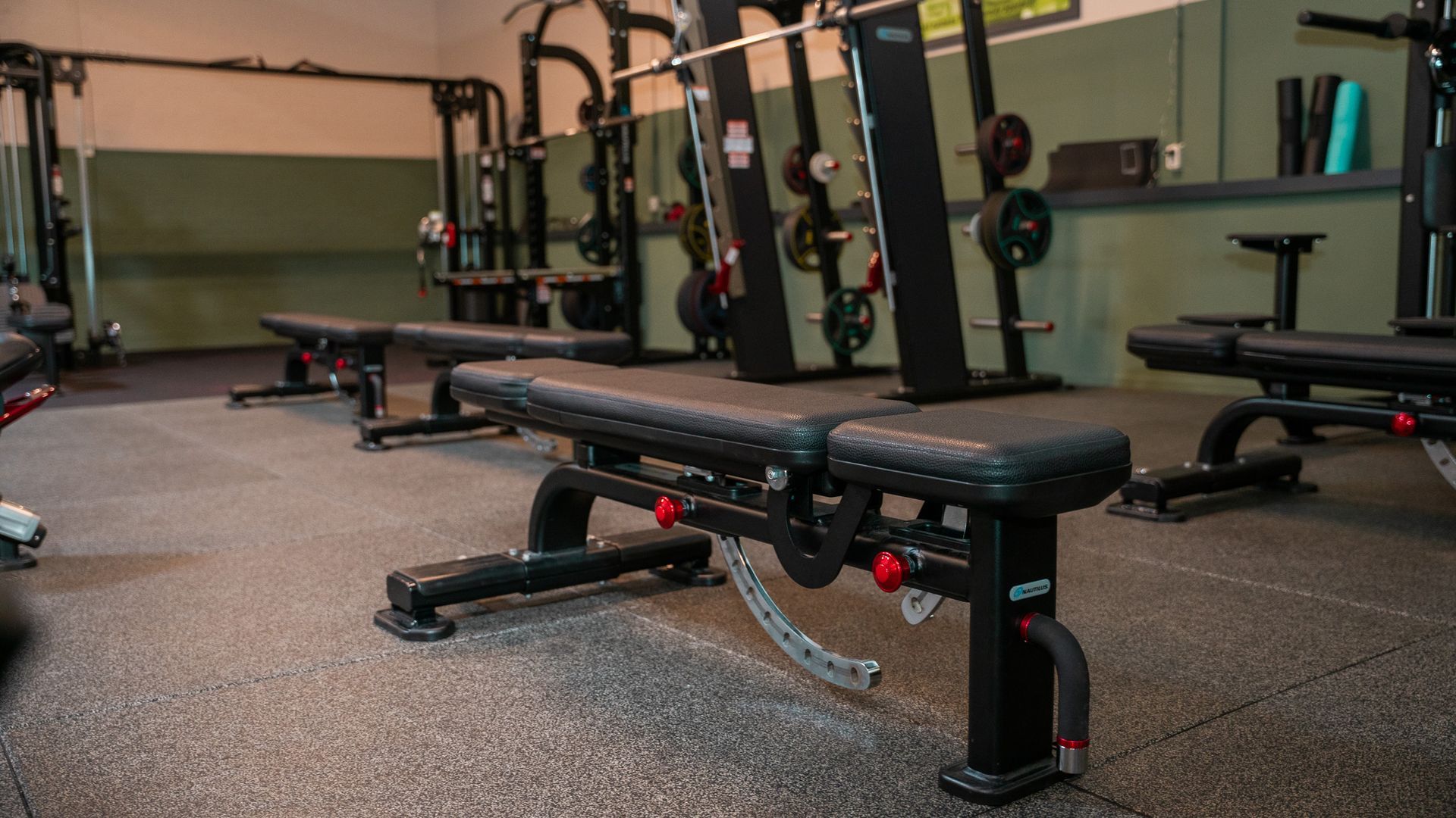Gewichthefbanken in een sportschool met halters en gewichtsrekken.