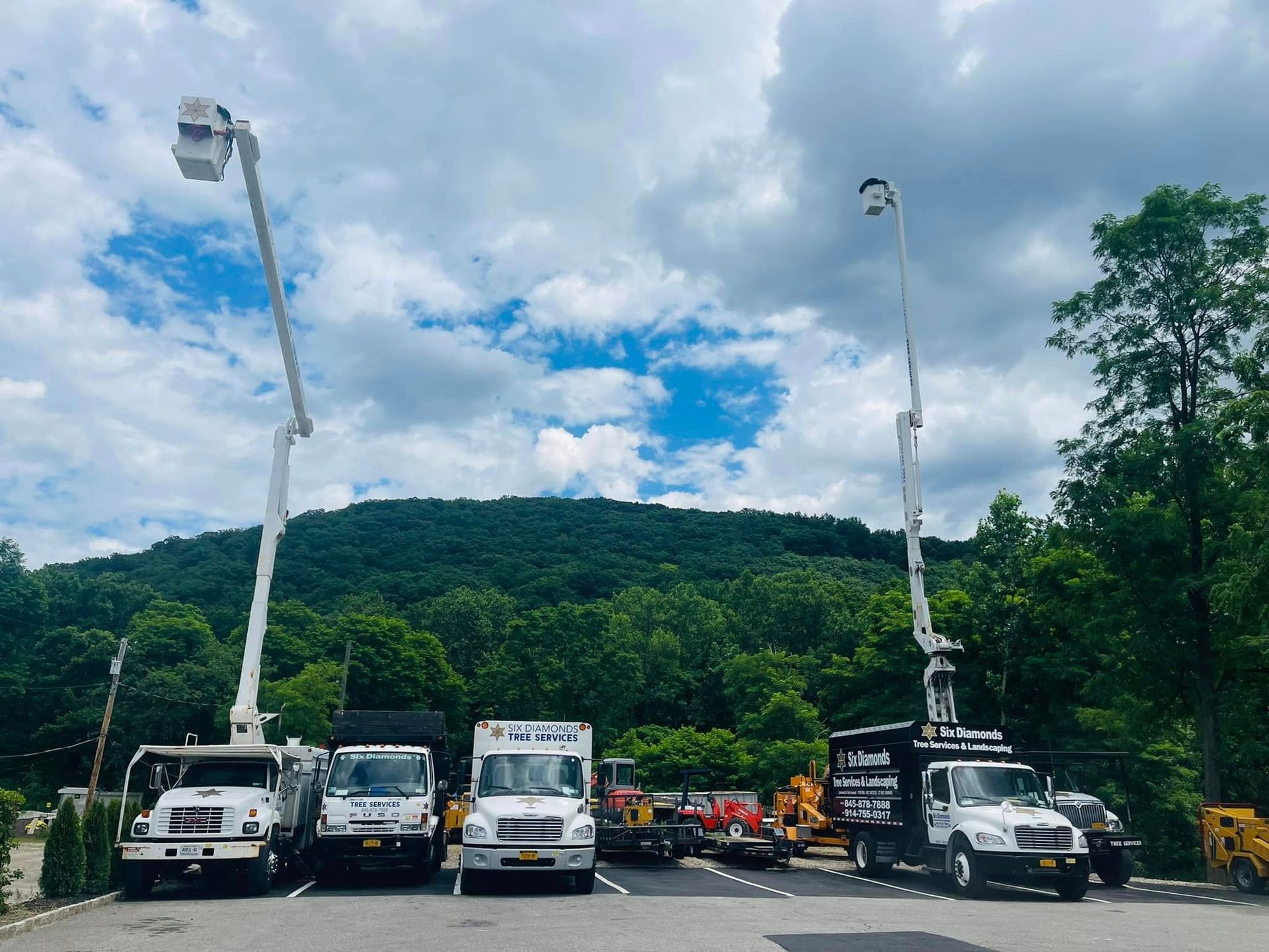 a row of trucks parked in a parking lot with a mountain in the background .
