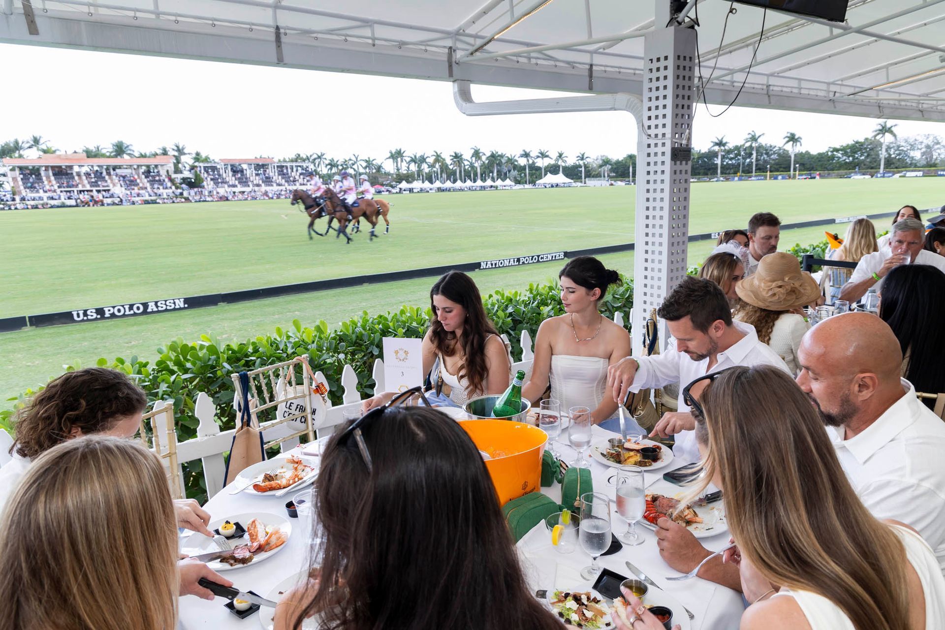 A group of people are sitting at a table watching a polo match.