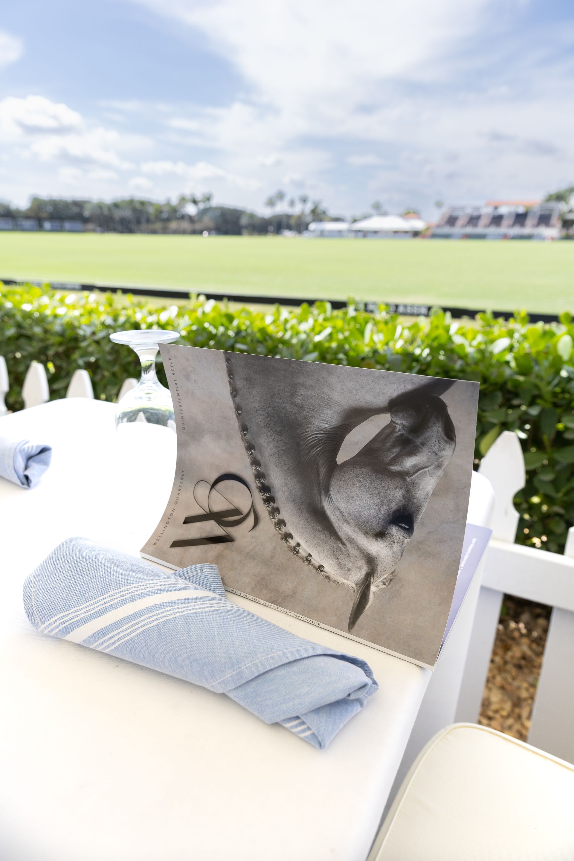Table setting with folded blue napkin, menu, and view of polo field.