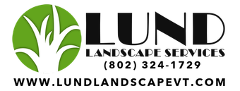 Logo for Lund Landscape Services featuring a stylized green grass graphic, company name, phone number, and website.