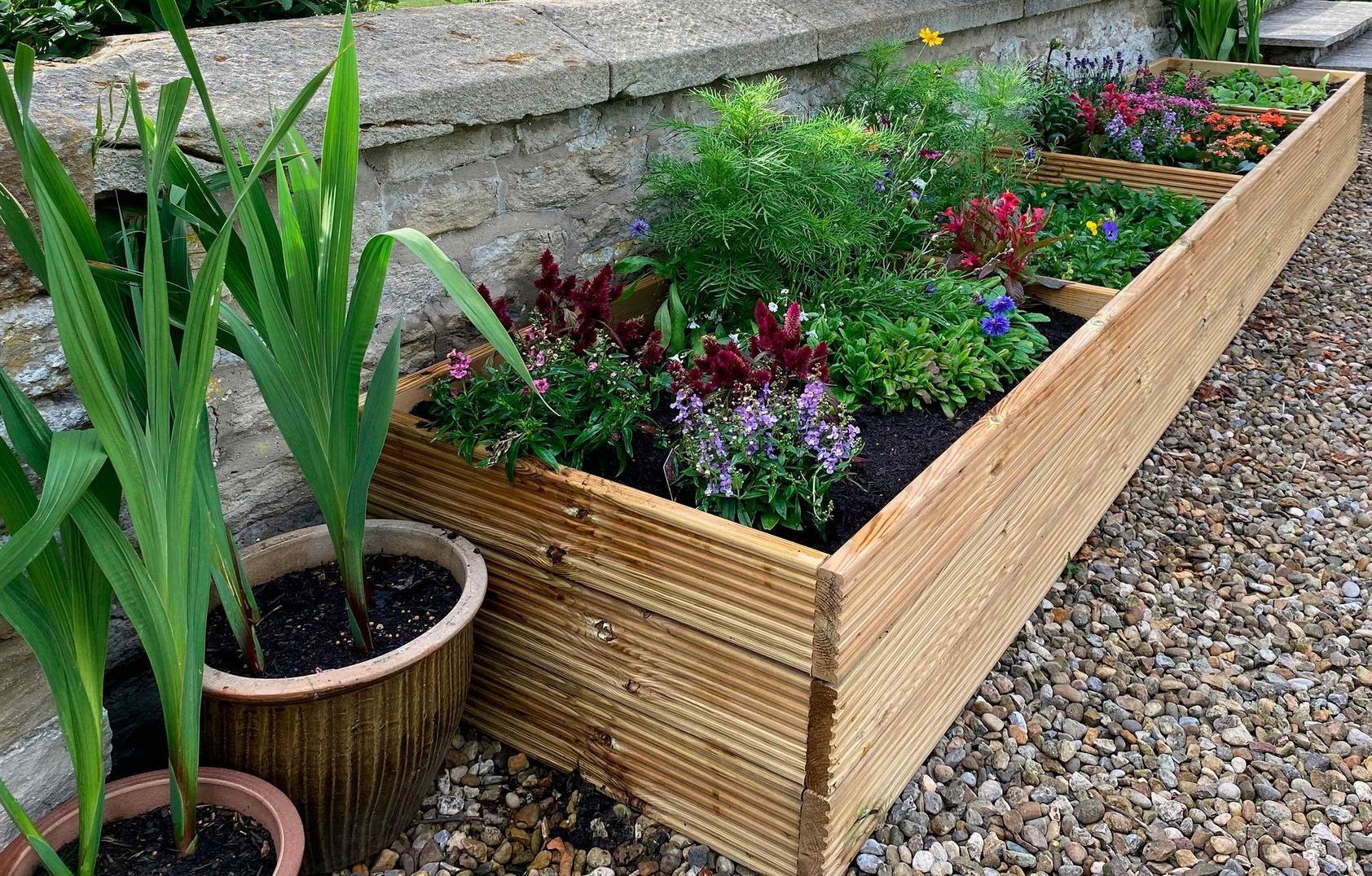 Raised Garden Bed In Spring Planted With Flowers