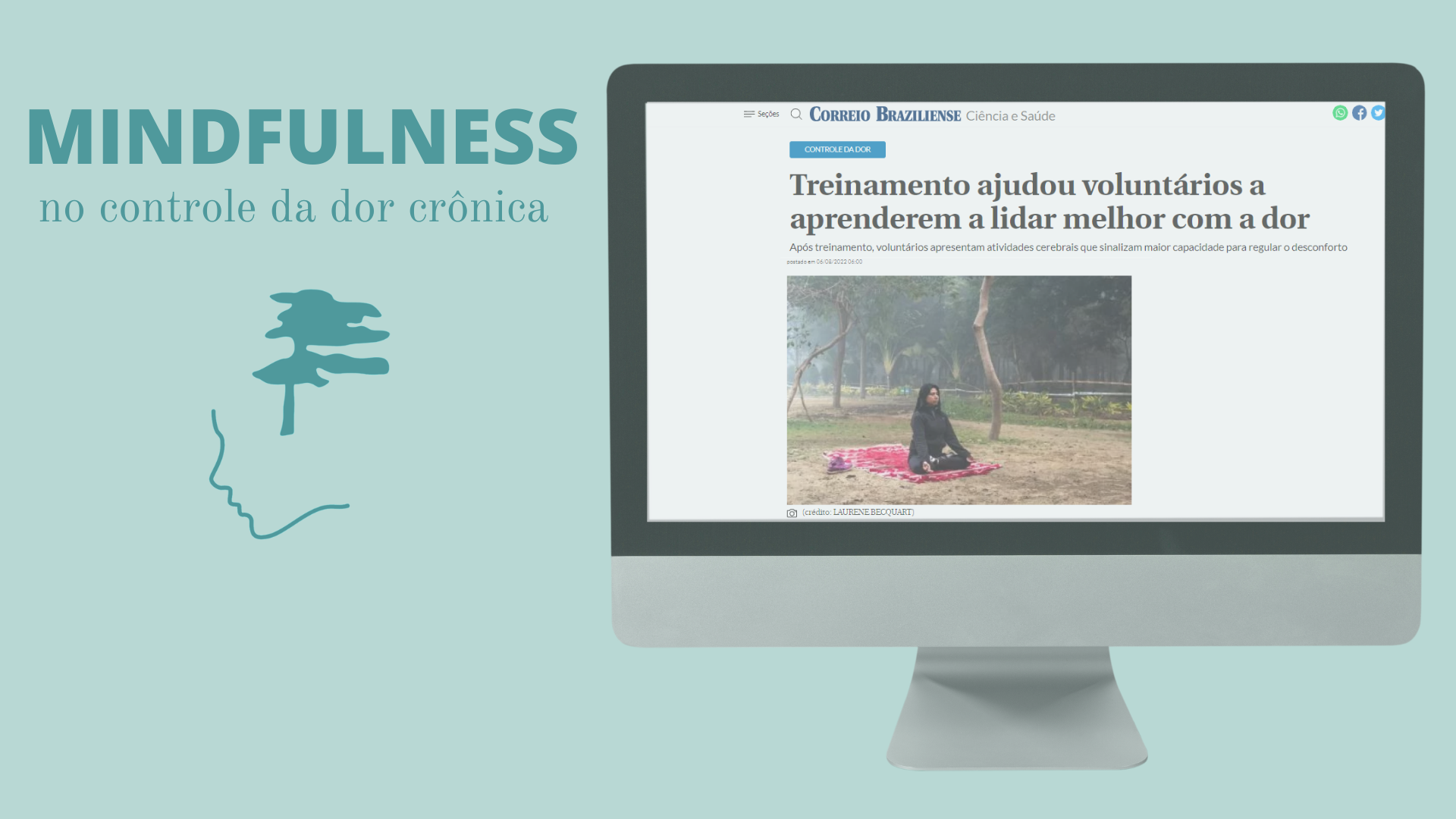 um monitor de computador exibe uma notícia sobre mindfulness.