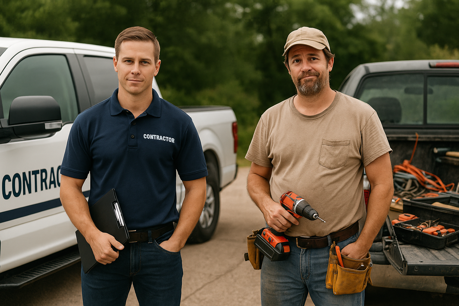 Two men, one in a uniform, the other in work clothes, stand by trucks, tools visible.