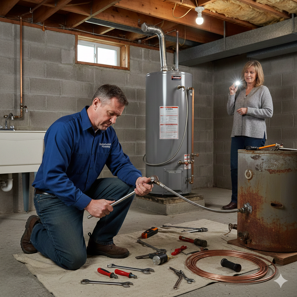 Plumber kneeling, working on equipment in a basement, assisted by a woman holding a flashlight.