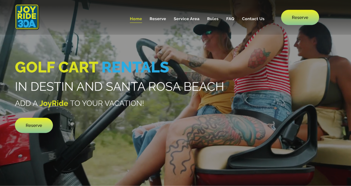 A woman is sitting in a golf cart on a website for golf cart rentals.