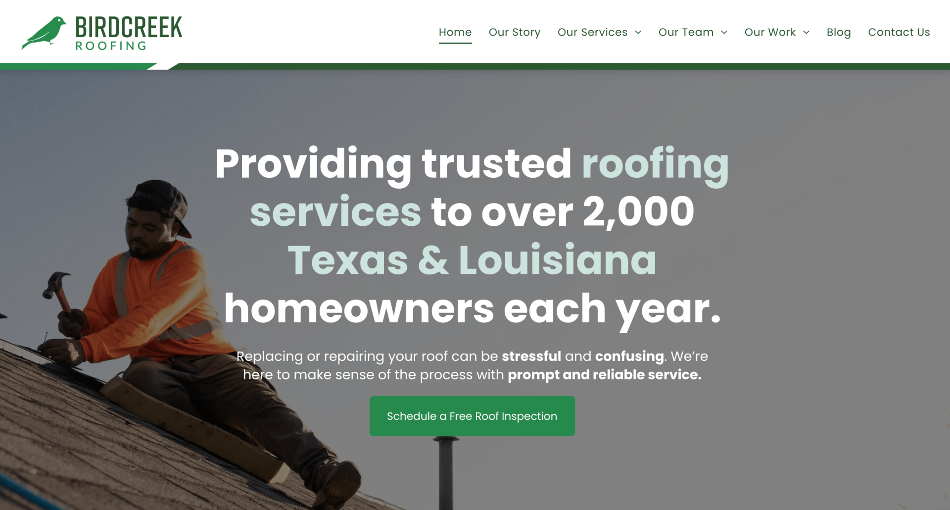 birdcreek roofing website design - homepage