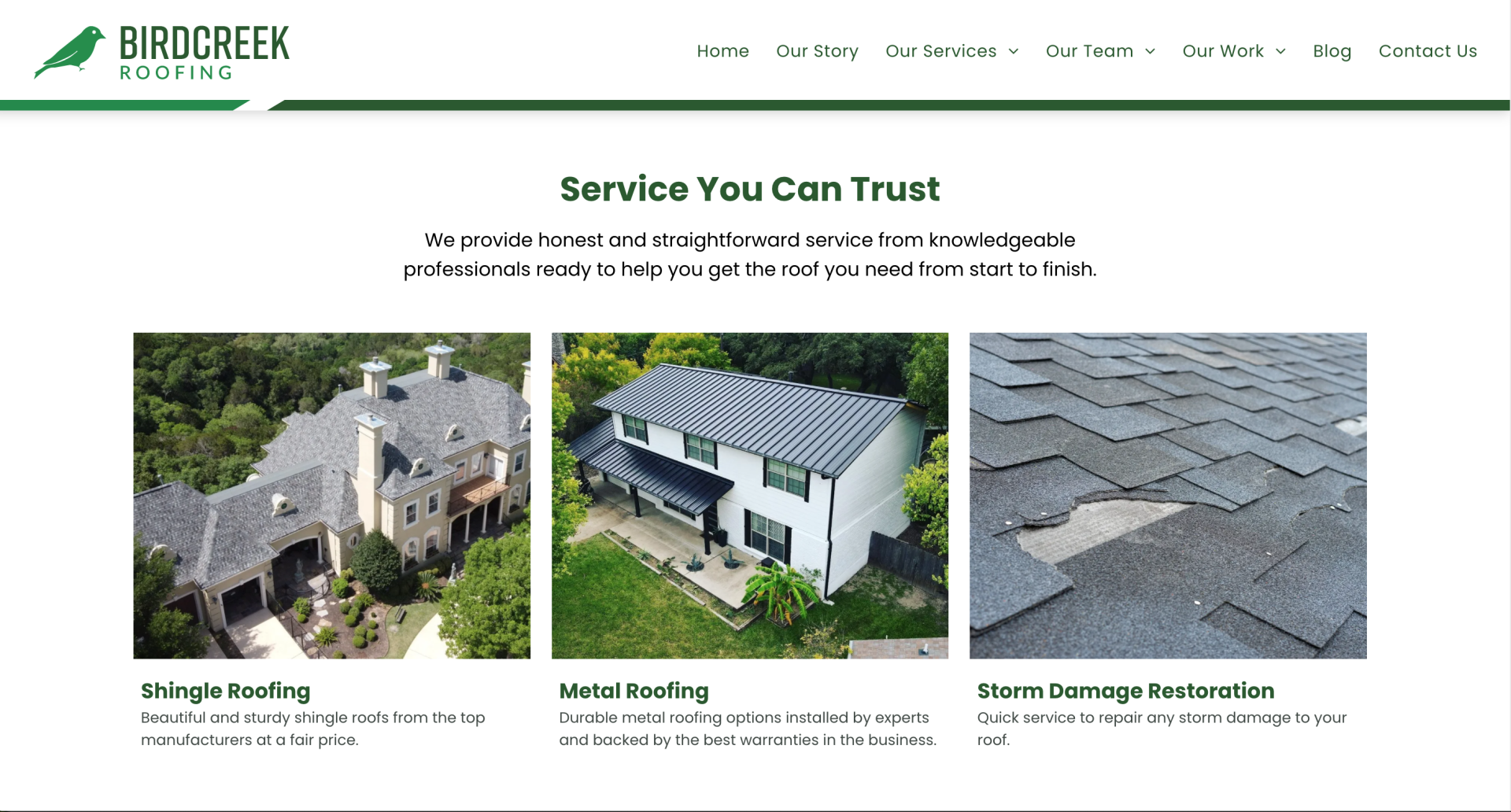 birdcreek roofing website design - services
