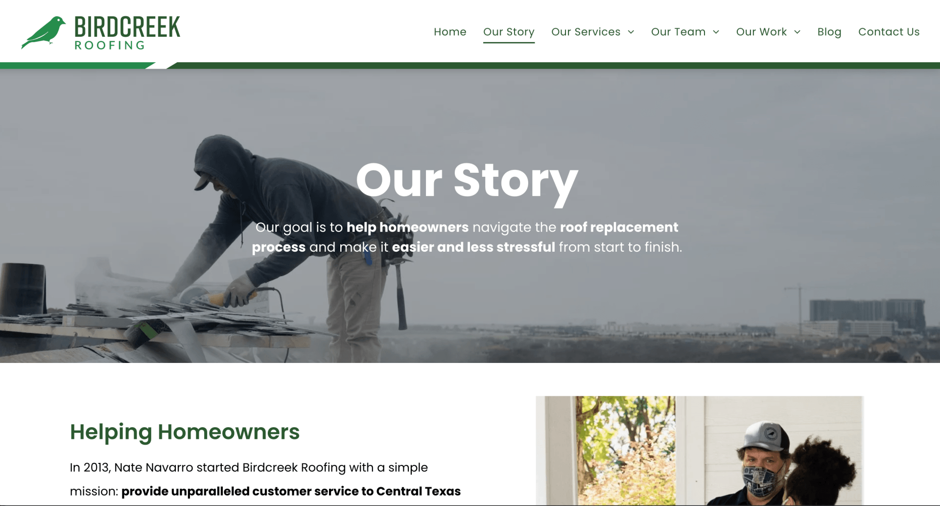 birdcreek roofer web design - our story page