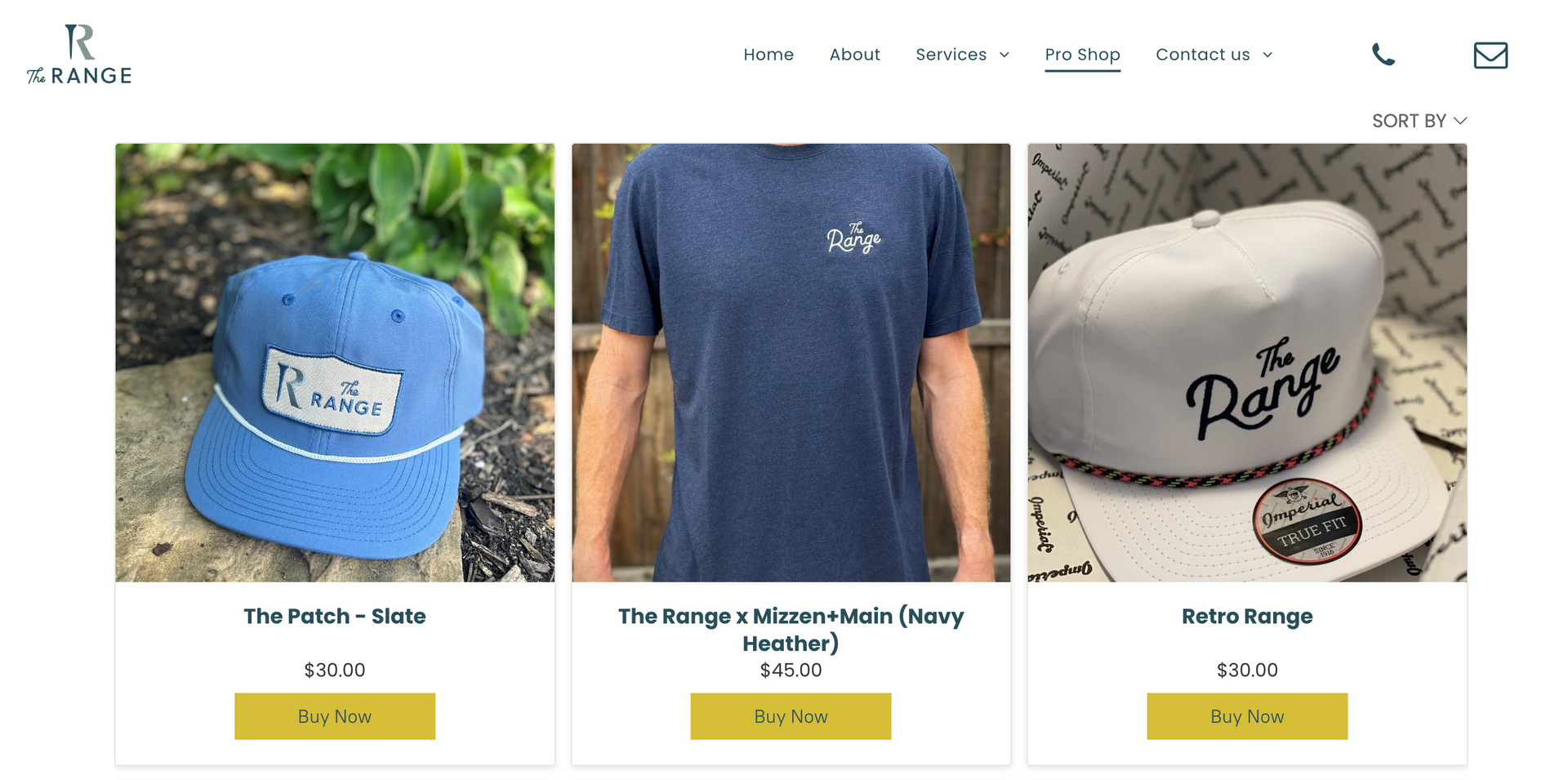 e-commerce shop from The Range Golf. A screenshot from their website shop that features hats and a shirt.