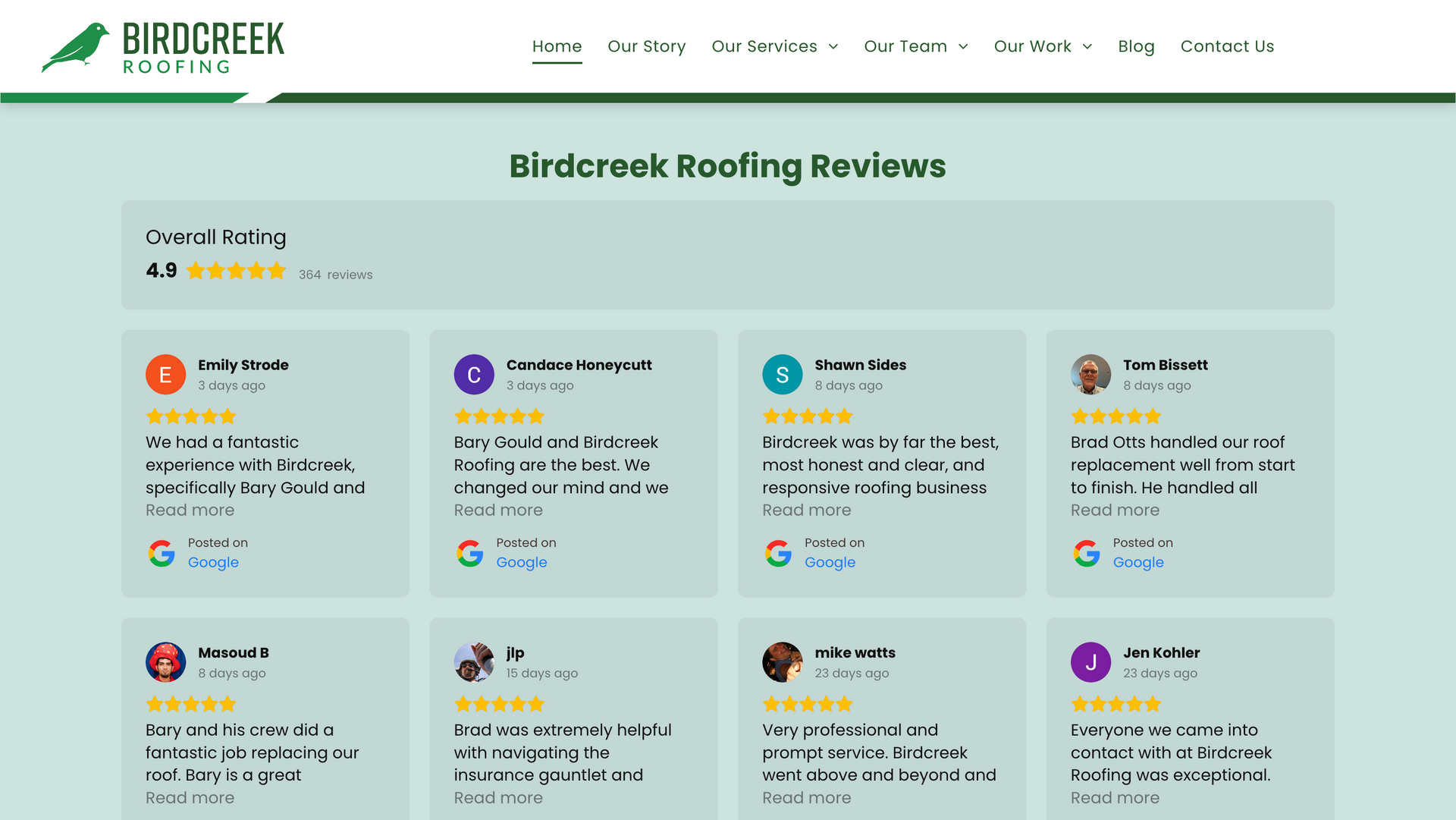 Screenshot of a website displaying roofing reviews