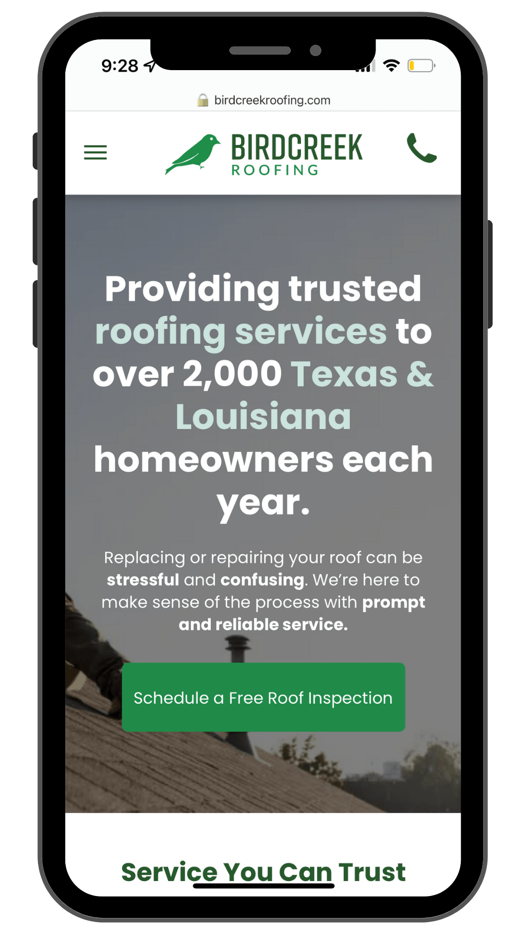 iPhone website mock up of Dallas, TX roofing website