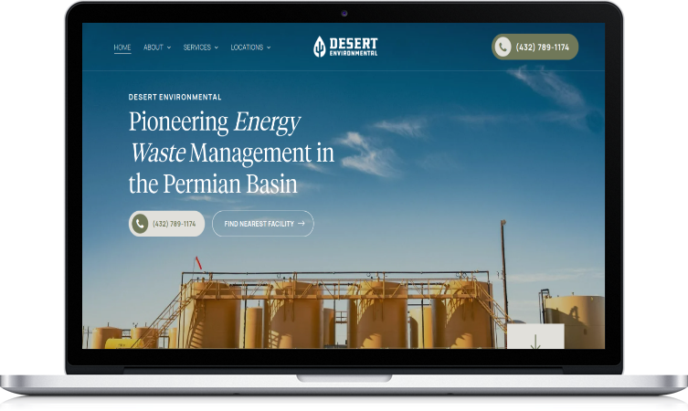 A laptop is open to a page that says pioneering energy waste management in the permian basin