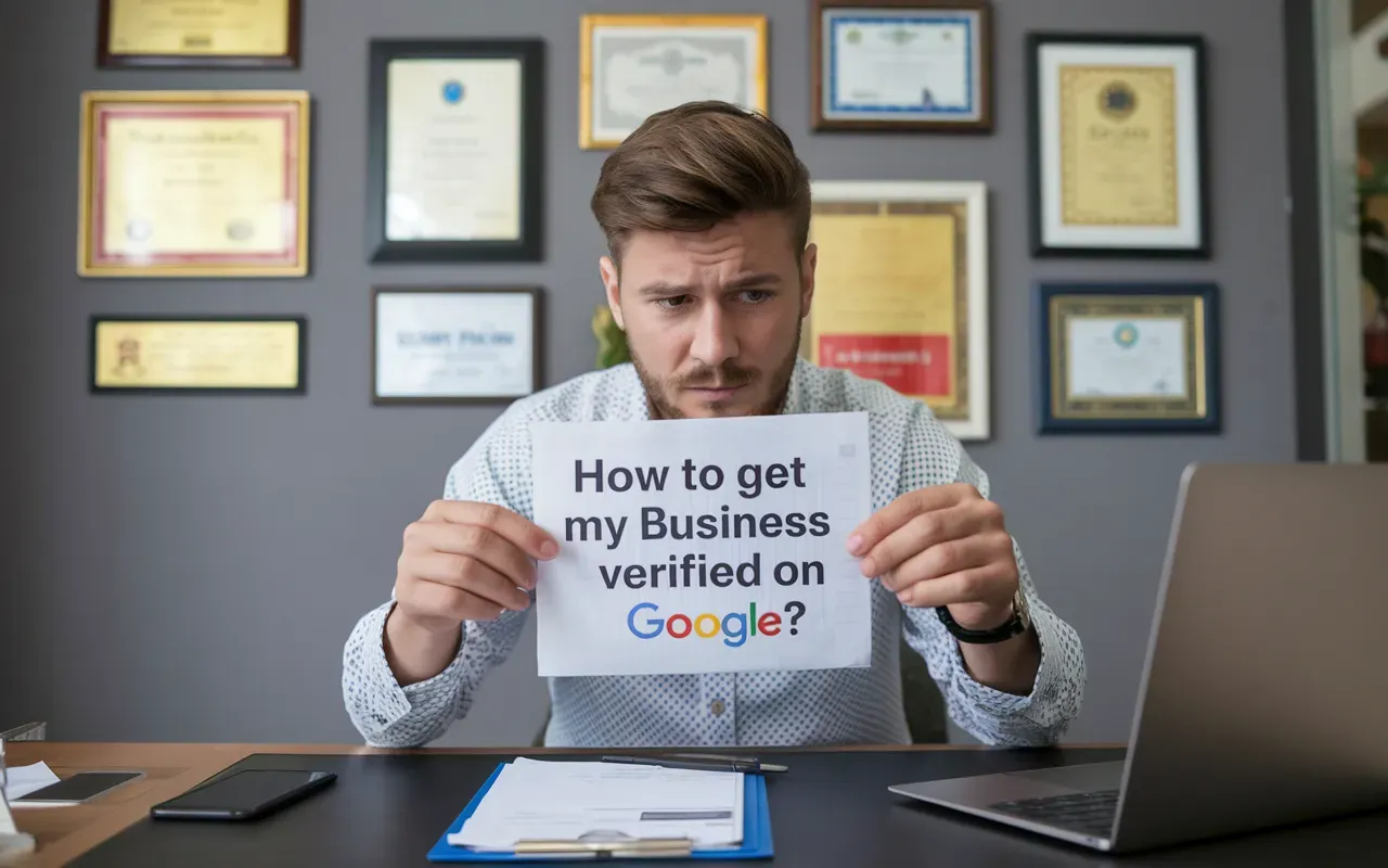 A man is sitting at a desk holding a sign that says `` how to get my business verified on google ''.