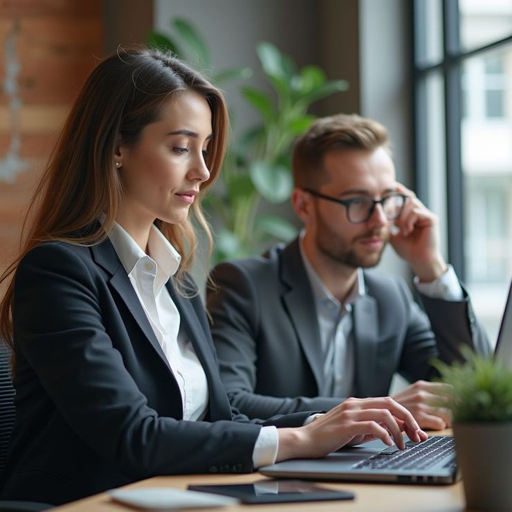 Una donna e un uomo in abiti da lavoro lavorano con i loro computer portatili seduti a una scrivania vicino a una finestra.