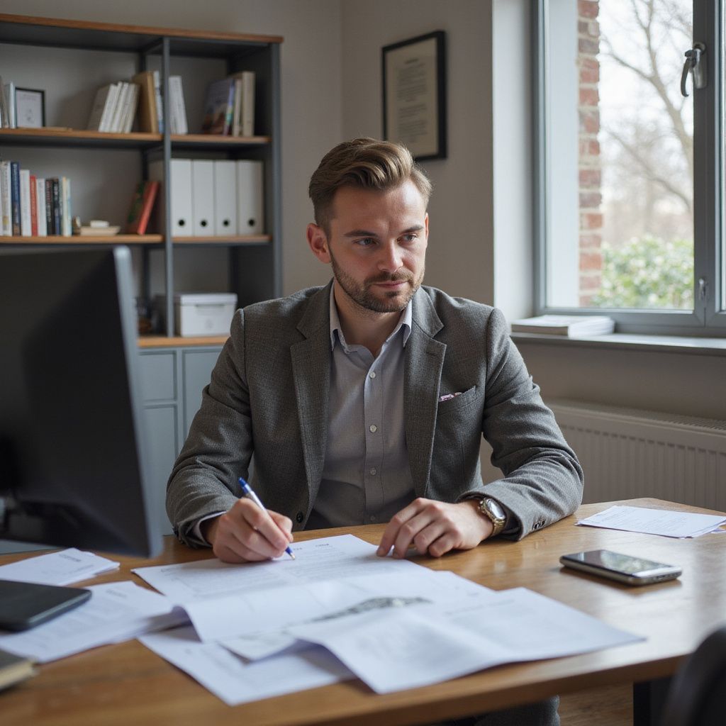 Uomo in giacca e cravatta alla scrivania, che scrive su un foglio, con aria pensierosa; ambiente d'ufficio.
