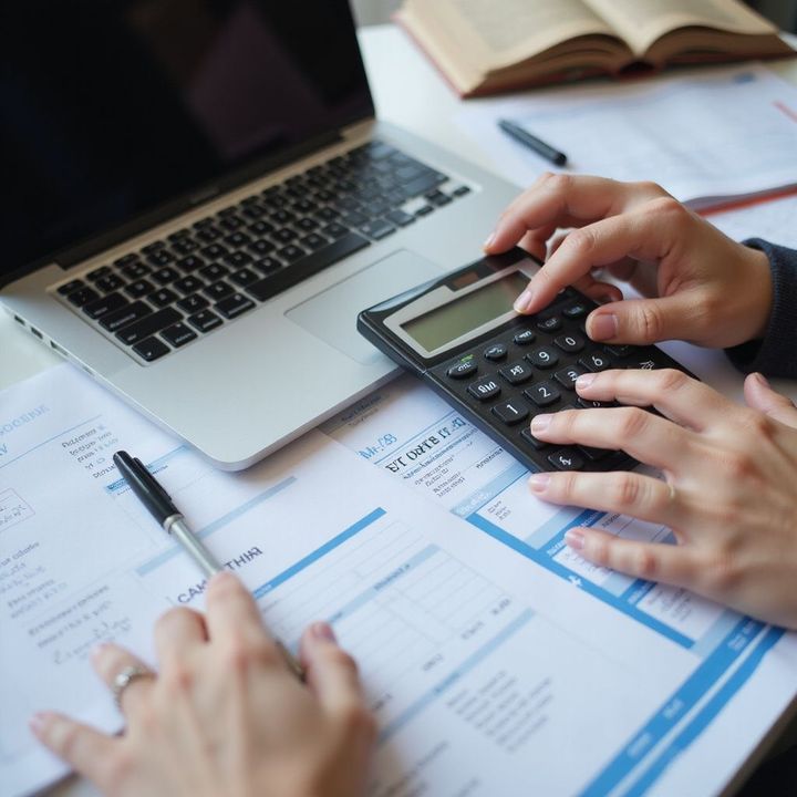 Mani che usano una calcolatrice, rivedono documenti e un computer portatile su una scrivania.