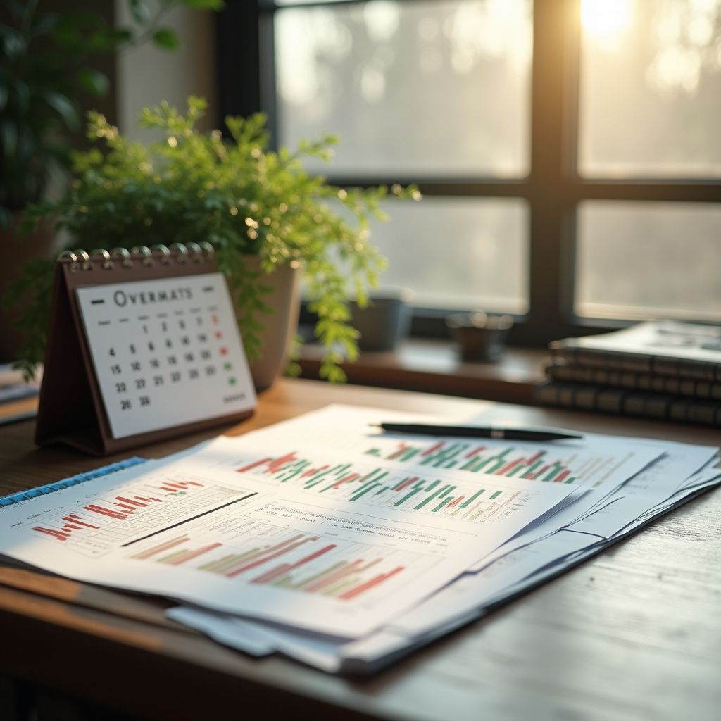 Scrivania con documenti finanziari, un calendario, una penna e una pianta, illuminata dalla luce del sole.