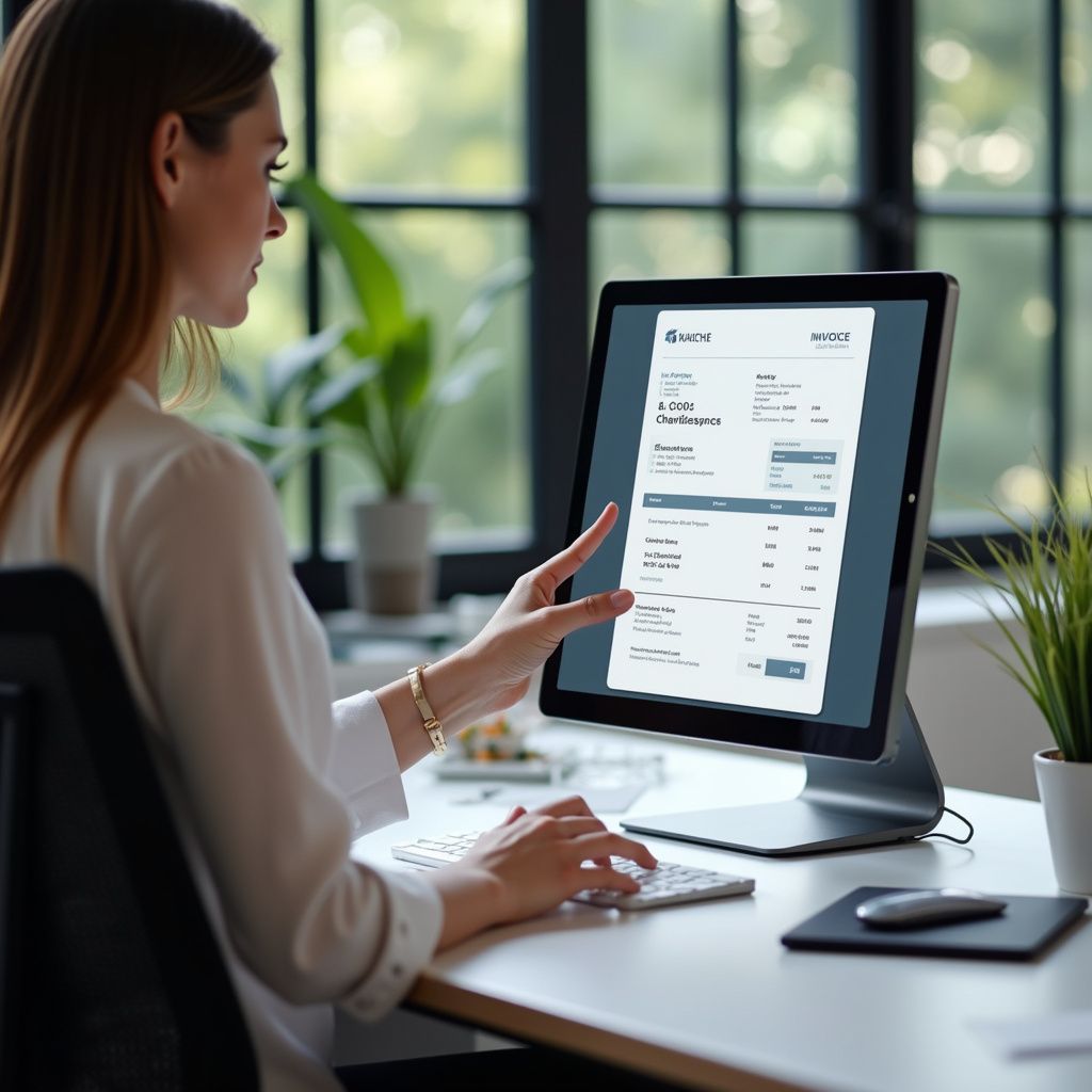 Donna alla scrivania, che esamina un documento sullo schermo del computer, toccando lo schermo.