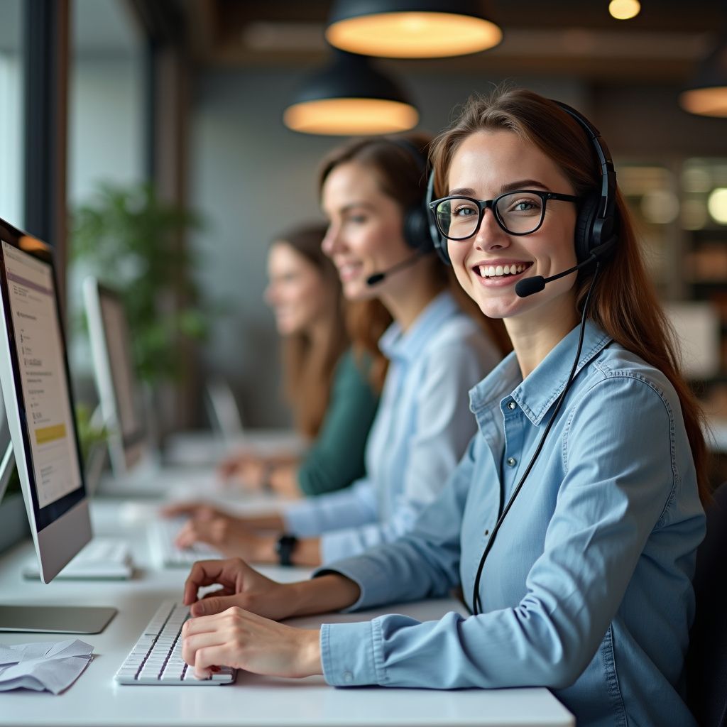 Tre addetti al servizio clienti indossano le cuffie e sorridono alle loro scrivanie in un ufficio.